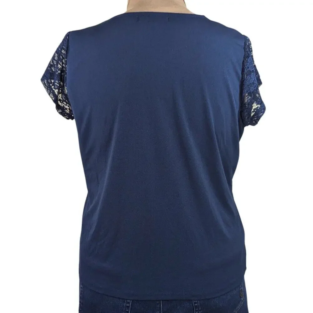 Adrienne Vittadini Large Navy Blue Short Sleeve Stretch Lace Shoulder Shirt